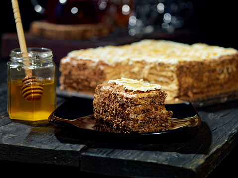 Homemade honey cake (medovik) on the table