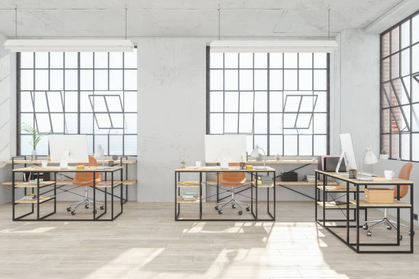 интерьер современного открытого офисного пространства - loft apartment design studio office studio стоковые фото и изображения