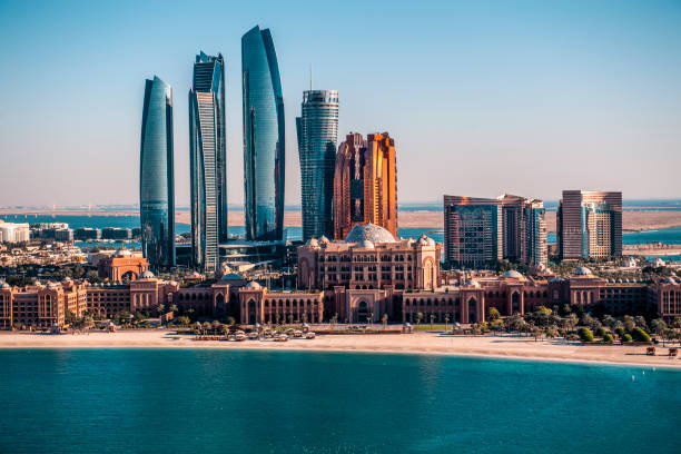 istock Famous Abu Dhabi skyscrapers captured from a helicopter above a downtown area 1143224590