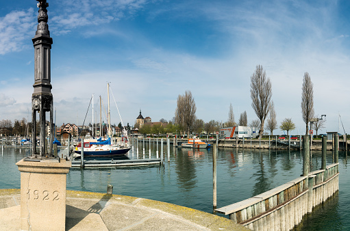 Aarbon, SG / Switzerland - April 7, 2019: view of the harbor and old town of Arbon on the shores of Lake Constance in Switzerland
