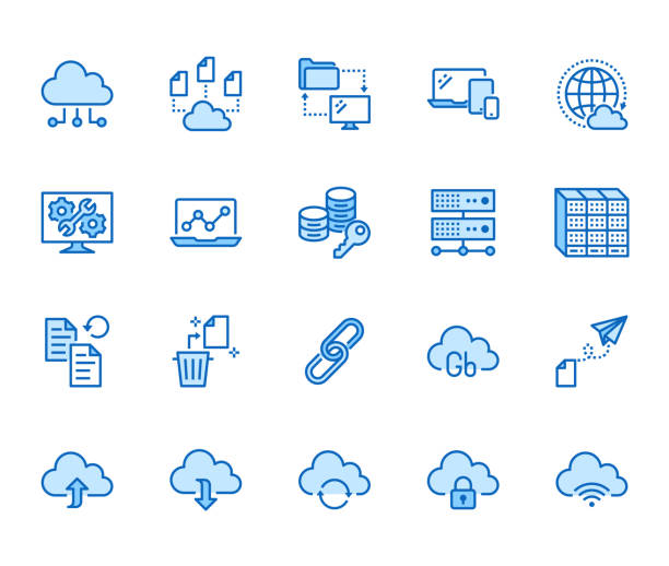 cloud-datenspeicherzeilen-symbole setzen. datenbank, informationsspeicher, server-center, globales netzwerk, backup, download-vektor-illustrationen. technik dünne zeichen. pixel perfekt 64x64. bearbeitbare streichungen - cloud speicher stock-grafiken, -clipart, -cartoons und -symbole