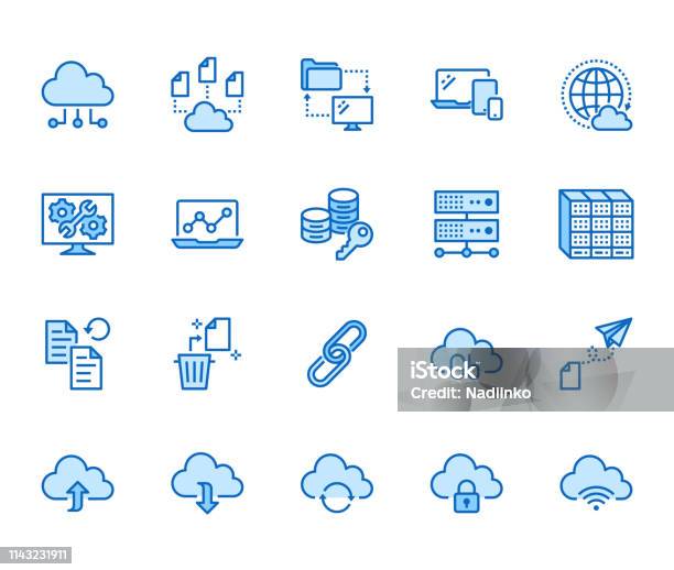 Cloud Data Storage Line Icons Set Database Information Storage Server Center Global Network Backup Download Vector Illustrations Technology Thin Signs Pixel Perfect 64x64 Editable Strokes Stock Illustration - Download Image Now