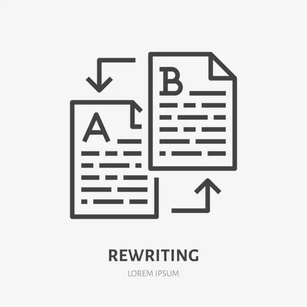 Vector illustration of Text rewriting flat line icon. Translation, illustration of article spellchecking. Thin sign of documents editing, copywriter logo