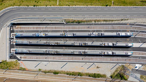 Aerial view of trains in a row