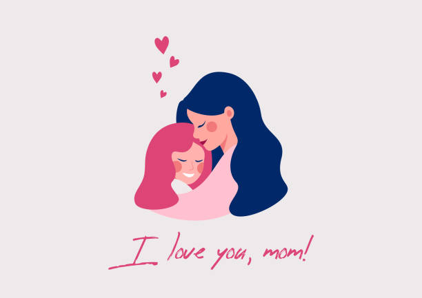 vector grußkarte für happy mother es day of cute junge mutter umarmt ihre tochter mit liebe. - child silhouette mother parent stock-grafiken, -clipart, -cartoons und -symbole