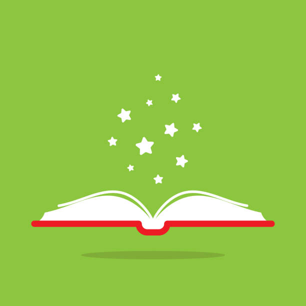 빨간 책 표지와 흰색 별이 밖으로 날아 오픈 책. 녹색 배경에 고립. - 동화 일러스트 stock illustrations