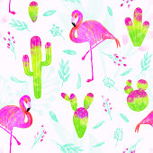 istock Watercolor vector seamless pattern of pink flamingo and cacti with bright pink and green colors isolated on white background. Tropical background, summer concept. 1143234981
