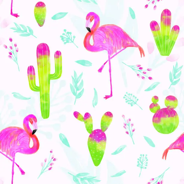 Vector illustration of Watercolor vector seamless pattern of pink flamingo and cacti with bright pink and green colors isolated on white background. Tropical background, summer concept.