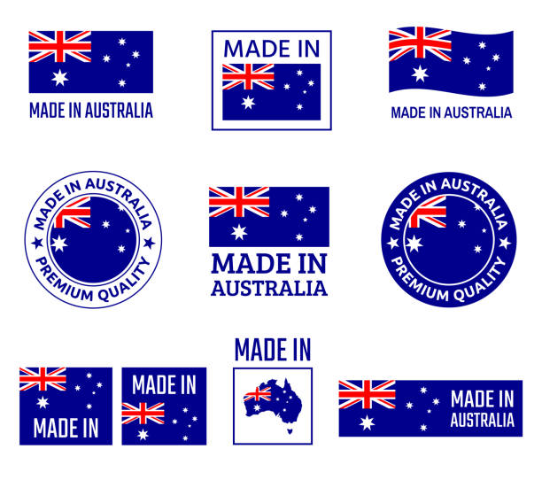 illustrazioni stock, clip art, cartoni animati e icone di tendenza di set etichette made in australia, realizzato in emblema prodotto commonwealth of australia - british empire immagine