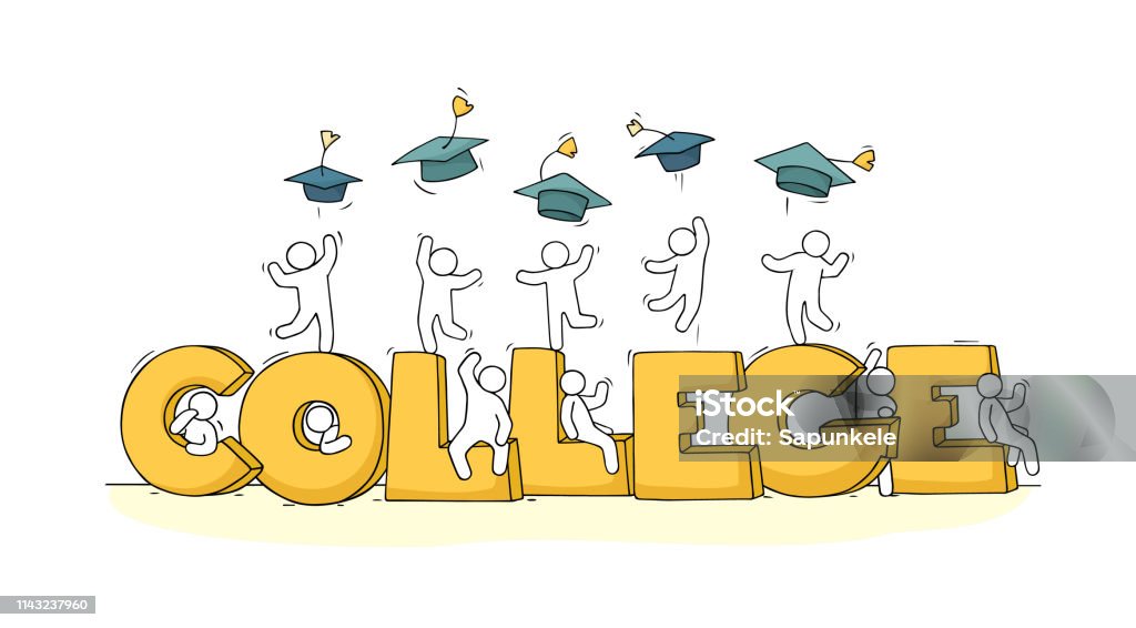 Sketch of little people with word College. Sketch of little people with word College. Doodle cute miniature scene about end of education. Hand drawn cartoon vector illustration. Cheering stock vector