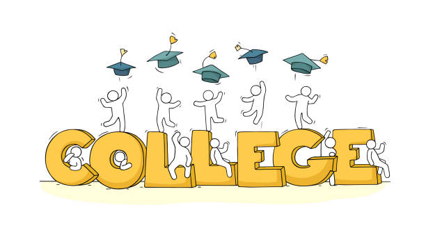 Sketch of little people with word College. Sketch of little people with word College. Doodle cute miniature scene about end of education. Hand drawn cartoon vector illustration. school sport high up tall stock illustrations