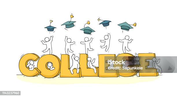 Sketch Of Little People With Word College Stock Illustration - Download Image Now - Cheering, Doodle, Graduation