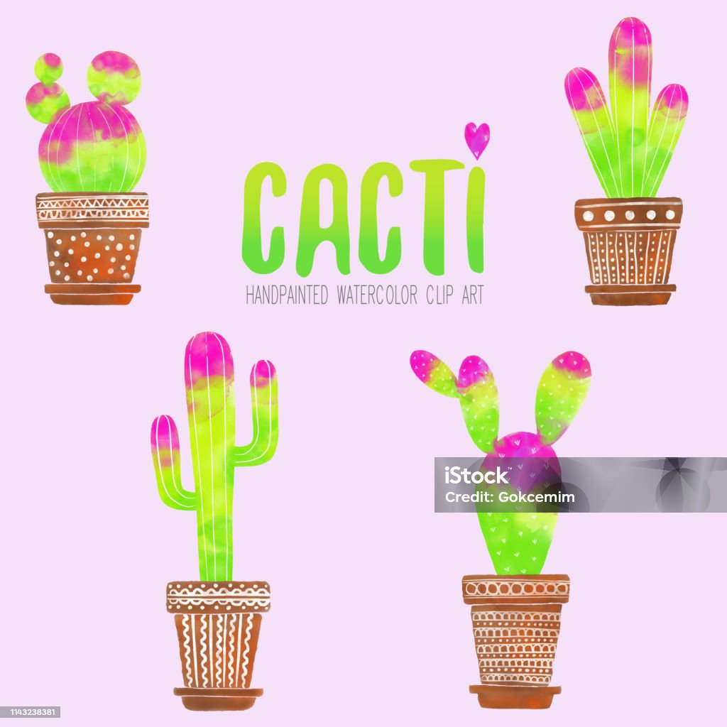 Set of watercolor pink and green cacti with terracotta pots isolated on pink background. Tropical background, tropical design element, summer concept. Flower Pot stock vector