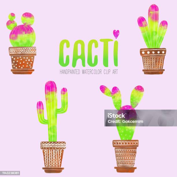 Set Of Watercolor Pink And Green Cacti With Terracotta Pots Isolated On Pink Background Tropical Background Tropical Design Element Summer Concept Stock Illustration - Download Image Now