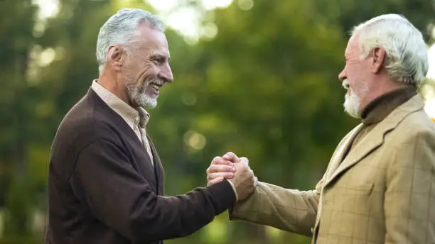 Elderly male friends shaking hands, happy to see each other, brothers meeting
