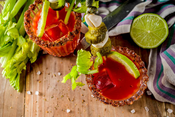 istock Spicy bloody mary cocktail with garnish 1143239402