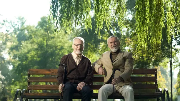 Cheerful senior men with walking sticks sitting on bench, happy life in old age