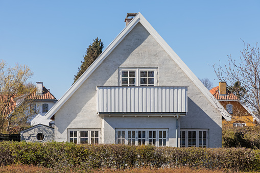 Rødovre, Copenhagen, Denmark - April 15, 2019: Typical one family house in a suburb outside Copenhagen