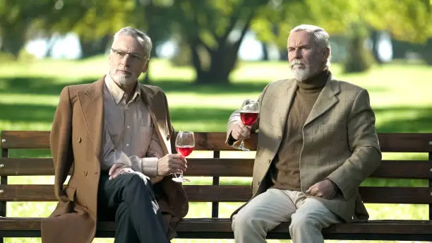 Senior gentlemen remembering young years drinking wine in park, old friendship