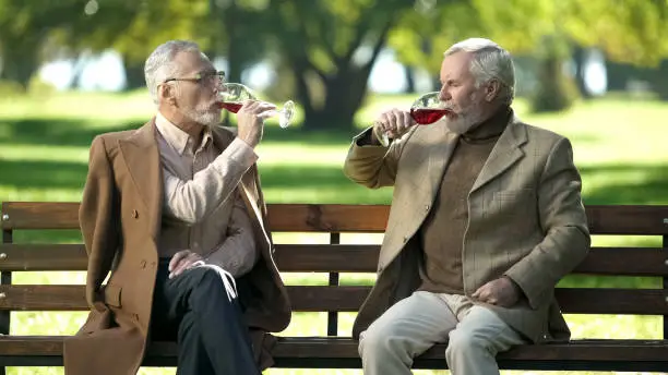 Elderly men drinking red wine sitting on bench in park, old friends tradition