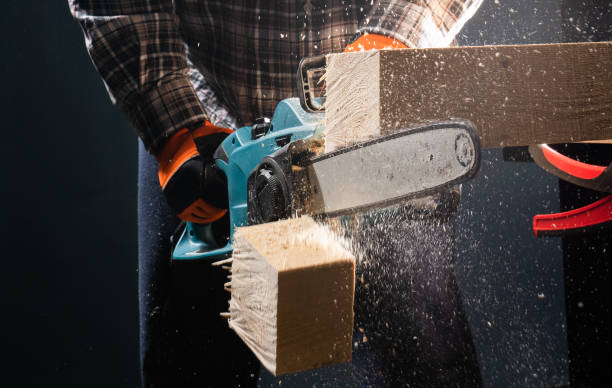 istock Man using modern electric circular saw for ctting wood  in the workshop 1143240992