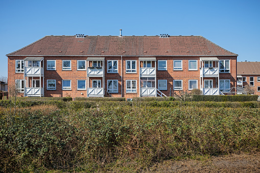 Rødovre, Copenhagen, Denmark - April 15, 2019: Typical house with flats in a suburb outside Copenhagen