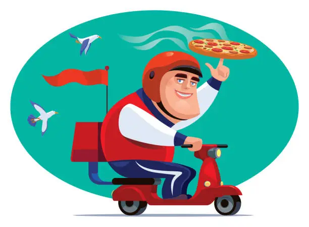 Vector illustration of man with scooter and pizza