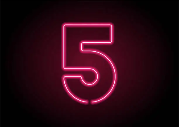 Vector illustration of Number 5 Red Neon Light On Black Wall