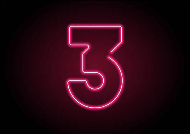 Vector illustration of Number 3 Red Neon Light On Black Wall