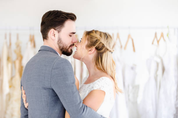 istock Beautiful portrait model wedding couple in studio shop 1143248444