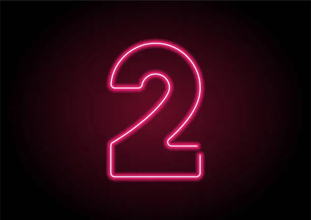 Vector illustration of Number 2 Red Neon Light On Black Wall