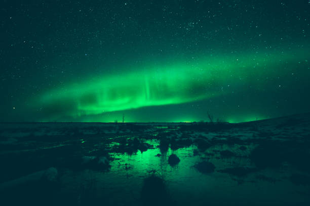 istock Night winter landscape with aurora 1143248611