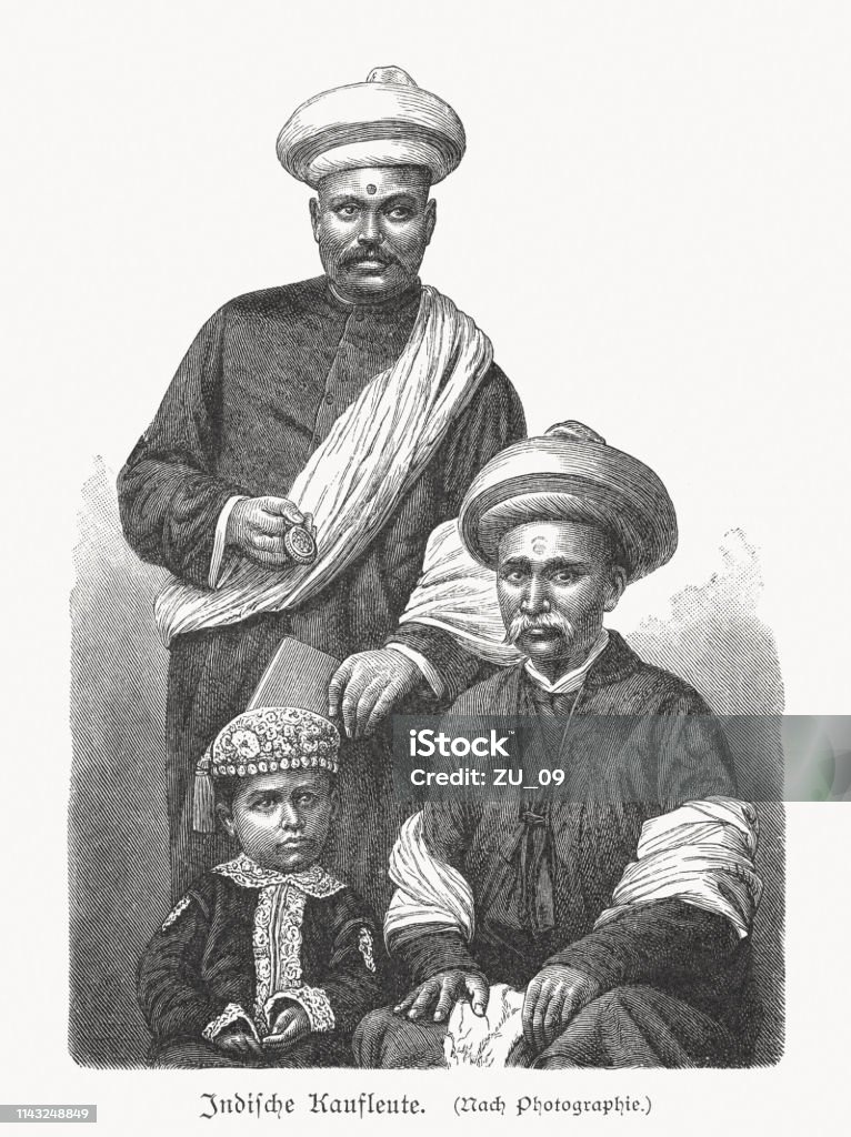 Indian merchants, wood engraving, published in 1897 Indian merchants. Wood engraving after a photograph, published in 1897. Family stock illustration