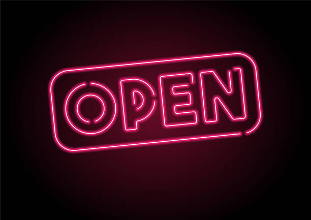 ilustrações de stock, clip art, desenhos animados e ícones de open sign red neon light on black wall - open sign