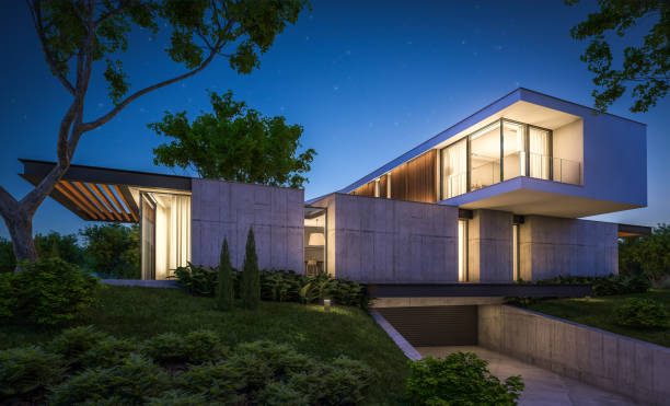 istock 3d rendering of modern house on the hill with pool in night 1143249368