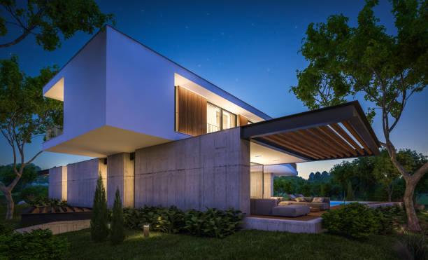 istock 3d rendering of modern house on the hill with pool in night 1143249369