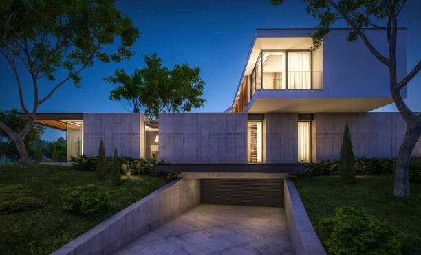 istock 3d rendering of modern house on the hill with pool in night 1143249381