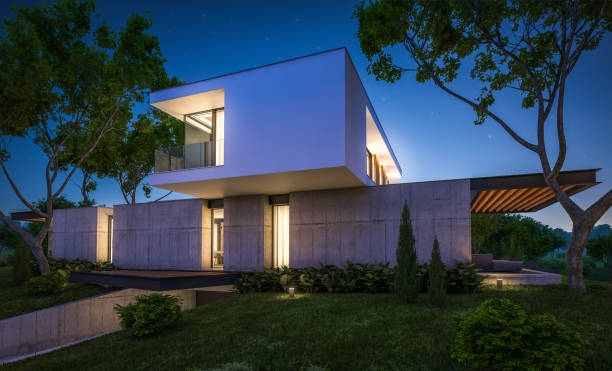 istock 3d rendering of modern house on the hill with pool in night 1143249391