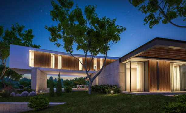 istock 3d rendering of modern house on the hill with pool in night 1143249397