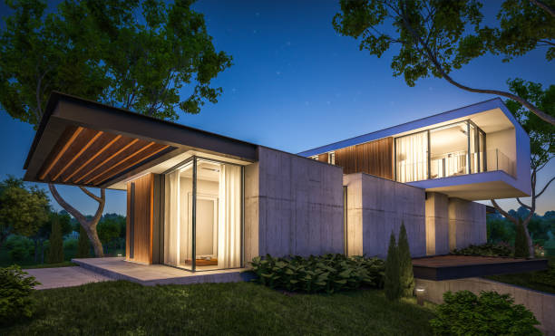 istock 3d rendering of modern house on the hill with pool in night 1143249403