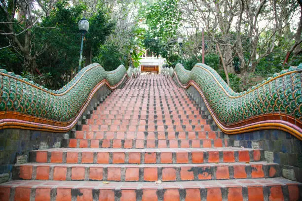 Photo of stairs to wat Phra That Doi Suthep Buddhist temple in Chiang Mai, Thailand