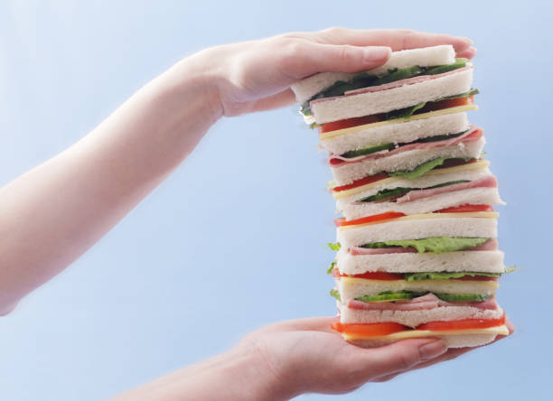 Hands hold tall sandwich