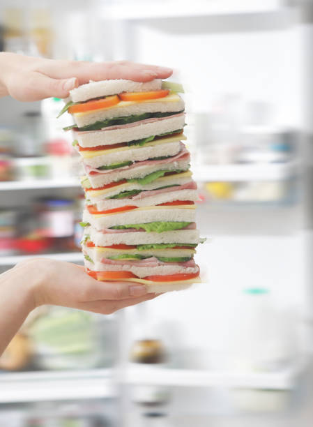 Hands hold tall sandwich