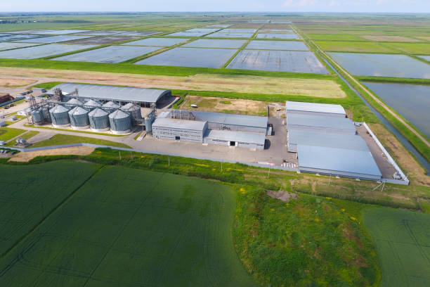 istock Plant for the drying and storage of grain. Top view. Grain terminal. 1143250186