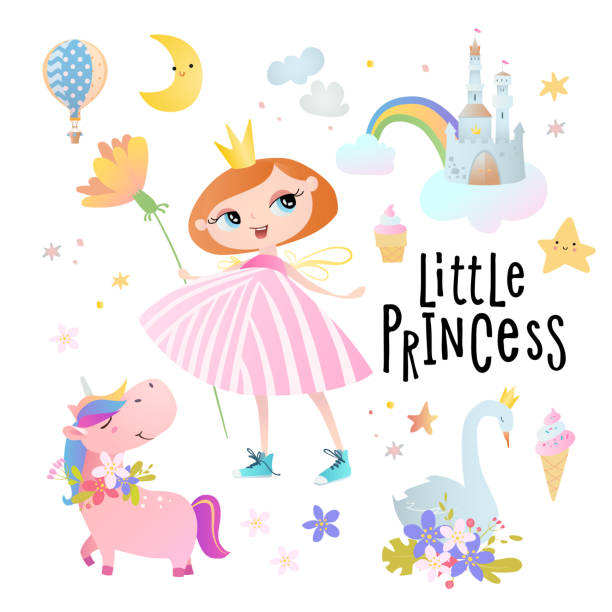 illustrations, cliparts, dessins animés et icônes de conception de carte avec une petite princesse. - swan princess cartoon crown