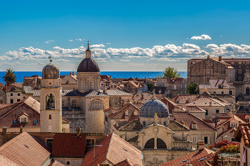 View from the city wall in Dubrovnik over the old town to the sea