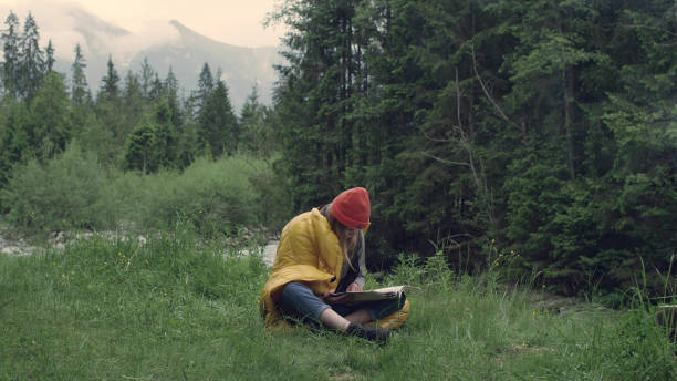 istock Camping in the wild. Woman reading on a meadow 1143253567