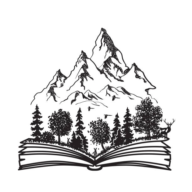 ilustraciones, imágenes clip art, dibujos animados e iconos de stock de libro abierto con bosque y montañas. ilustración vectorial dibujado a mano. - urraca