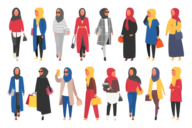 Hijab muslim woman. Arab modern fashion. Vector people Hijab muslim woman set. Modern people in islamic clothes style. Arab saudi modest fashion. People characters vector illustration hijab stock illustrations