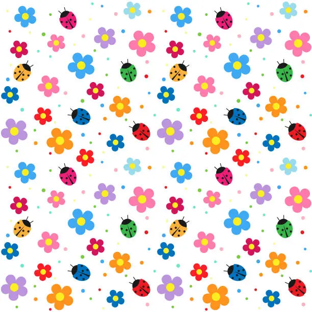 Vector illustration of Ladybugs and flowers background